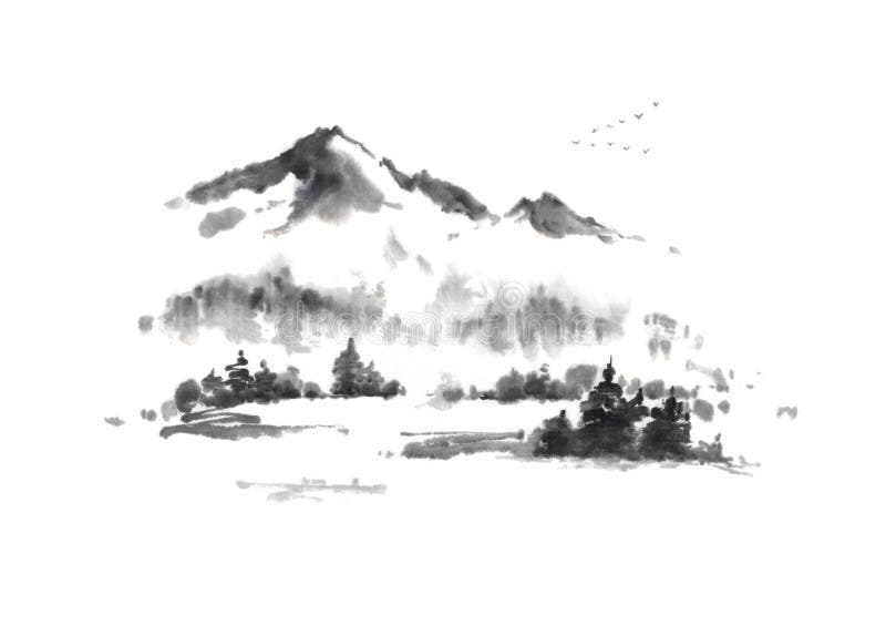 Sumi-ehöst för japansk stil i bergfärgpulvermålning vektor illustrationer Sumi-ehöst för japansk stil i bergfärgpulvermålning vektor illustrationer