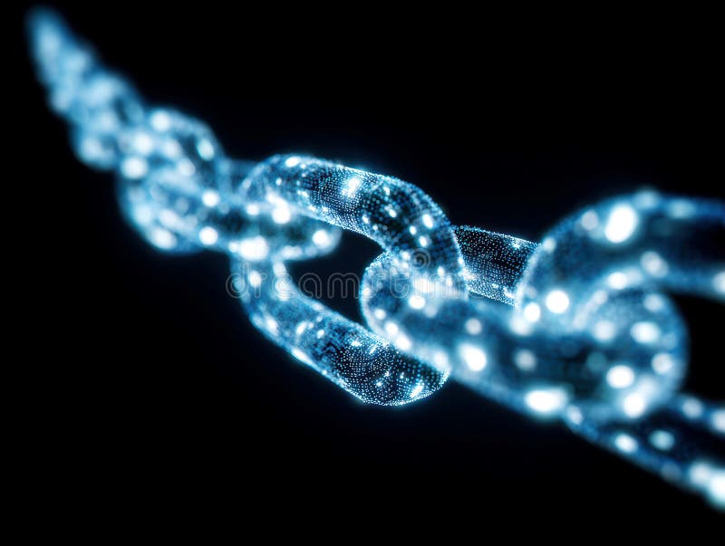 Summary Close-up of a glowing blue digital chain against black background, symbolizing seamless connection in technology - AI royalty free stock photos