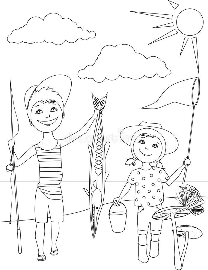 Summer Activities for Kids Coloring Page Stock Vector - Illustration of  white, outdoors: 43175329