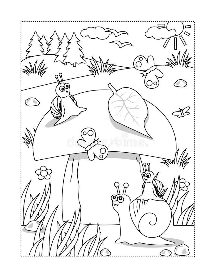 Snail and big mushroom coloring page for kids drawing education
