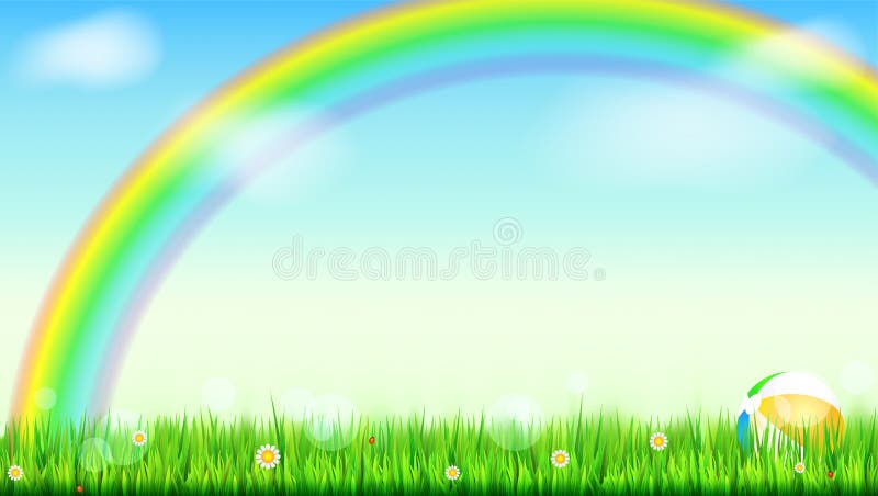 Summer background. Big bright rainbow above green field. Juicy grass, daisy flowers, ladybugs in grass on backdrop from