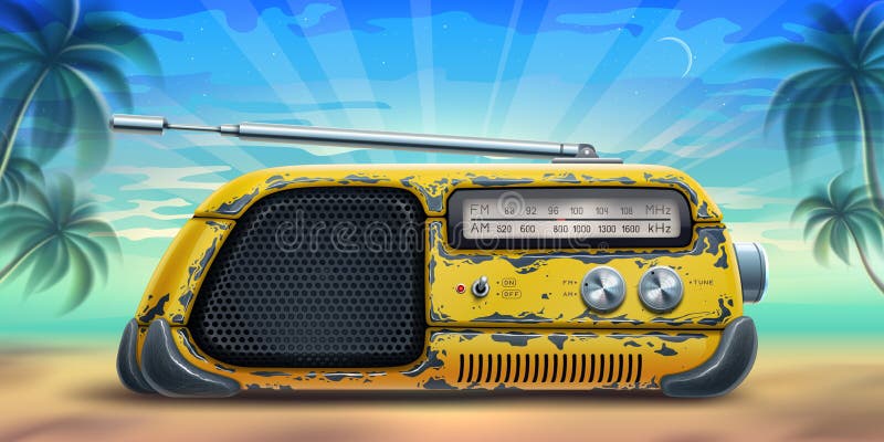 Summer background poster with yellow radio receiver on a beach over sea, palm trees and blue sky. Beautiful landscape with retro