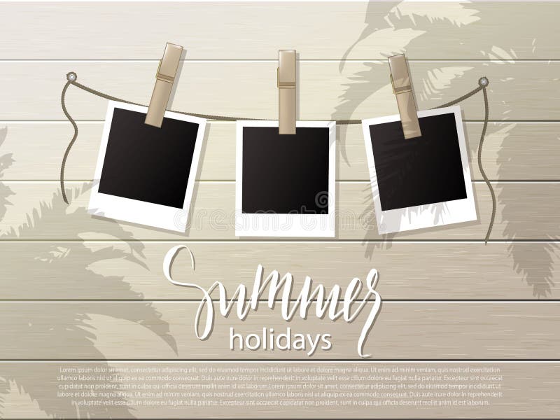 Summer background .Set of photo frames on the rope with clothespin. Wooden wall. Vector illustration. royalty free illustration Summer background .Set of photo frames on the rope with clothespin. Wooden wall. Vector illustration. royalty free illustration