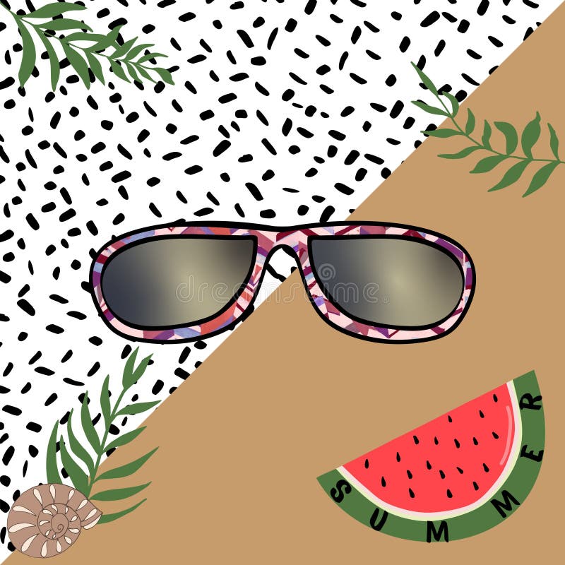 Summer Background with Sunglasses a Piece of Watermelon Shell Palm