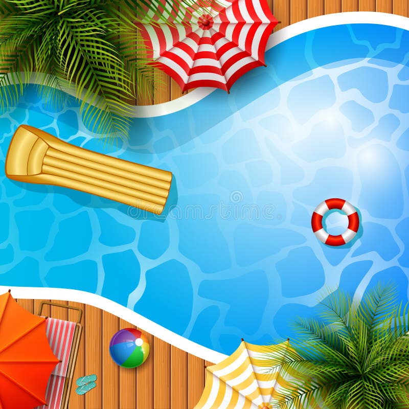Summer background with swimming pool, umbrella, mattress and inflatable ring. Illustration of Summer background with swimming pool, umbrella, mattress and vector illustration Summer background with swimming pool, umbrella, mattress and inflatable ring. Illustration of Summer background with swimming pool, umbrella, mattress and vector illustration