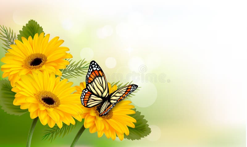 Summer background with yellow beautiful flowers and butterfly.