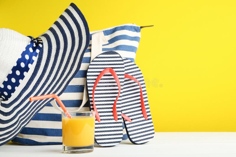 Summer bag with flip flops and juice stock photography Summer bag with flip flops and juice stock photography