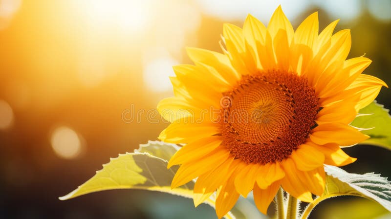 Summer banner with sunflower in blurred nature background for horizontal agriculture promotion. High quality illustration AI generated