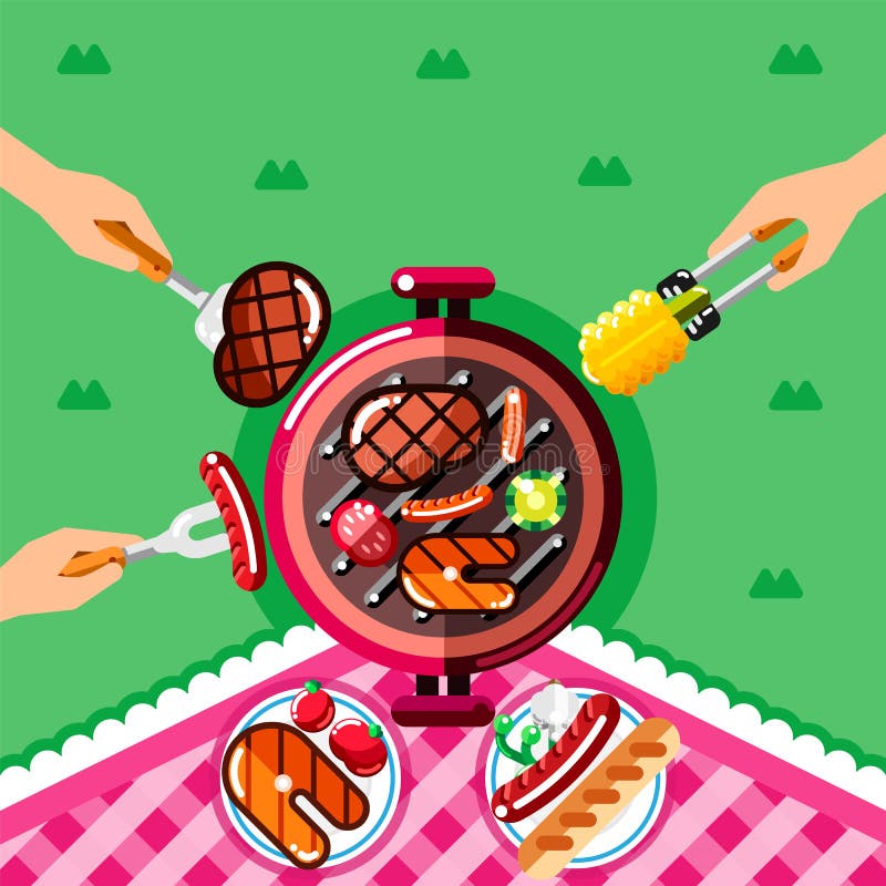 Summer barbecue picnic, vector illustration. Top view BBQ grill with steak and fish and human hands with forks and food vector illustration Summer barbecue picnic, vector illustration. Top view BBQ grill with steak and fish and human hands with forks and food vector illustration