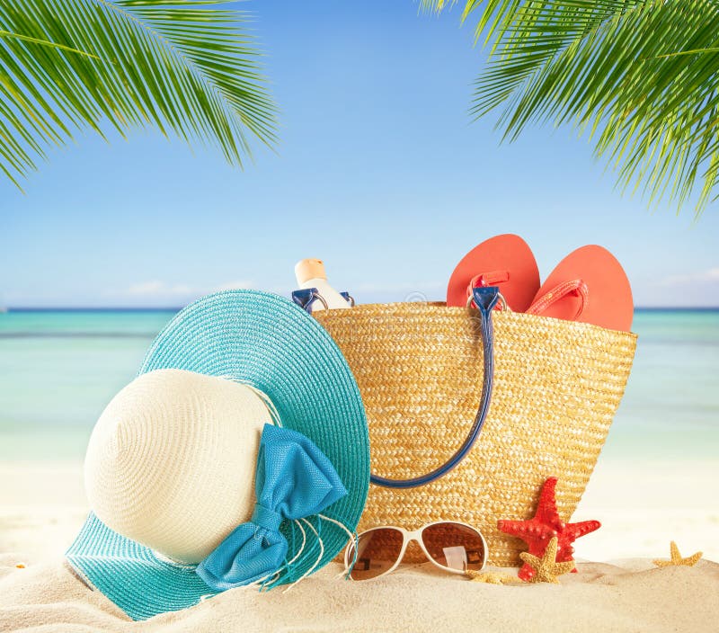 Summer Beach Accessories on Sand Stock Photo Image of palm, flop