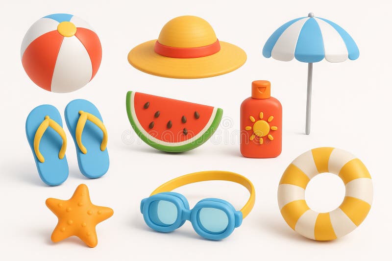 Summer beach elements illustration with sunhat, umbrella, goggles, and watermelon slice. concept of beach fun, vacation essentials stock photography