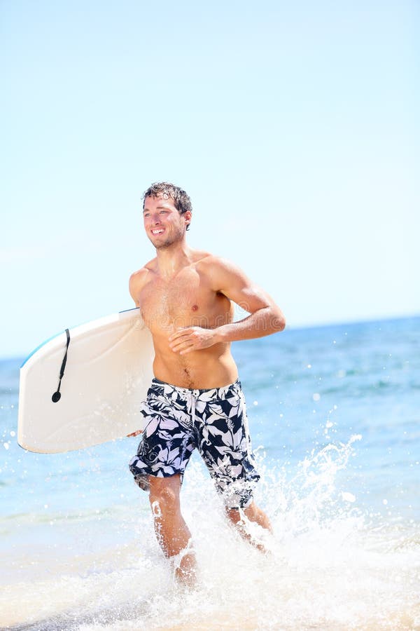 Beach Fun Surfer Man Running with Bodyboard Stock Photo - Image of ...