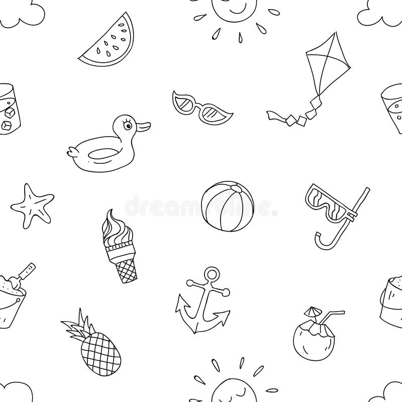 Summer beach holiday seamless pattern. ready to print hand drawing cartoon style design for paper, fabric production.