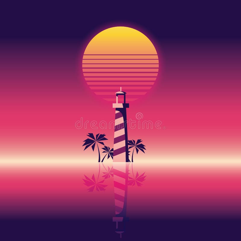 Summer beach party vector banner or flyer template. 80s retro neon glow style. Lighthouse and palm trees.