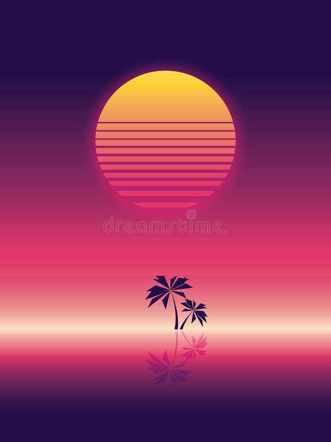 Summer beach party vector banner or flyer template. 80s retro neon glow style. Palm trees on horizon.