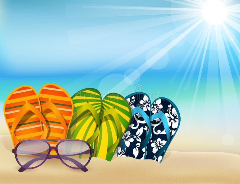 Summer Beach Sandals Colorful Flip- Flops with Sunglasses Stock Vector ...