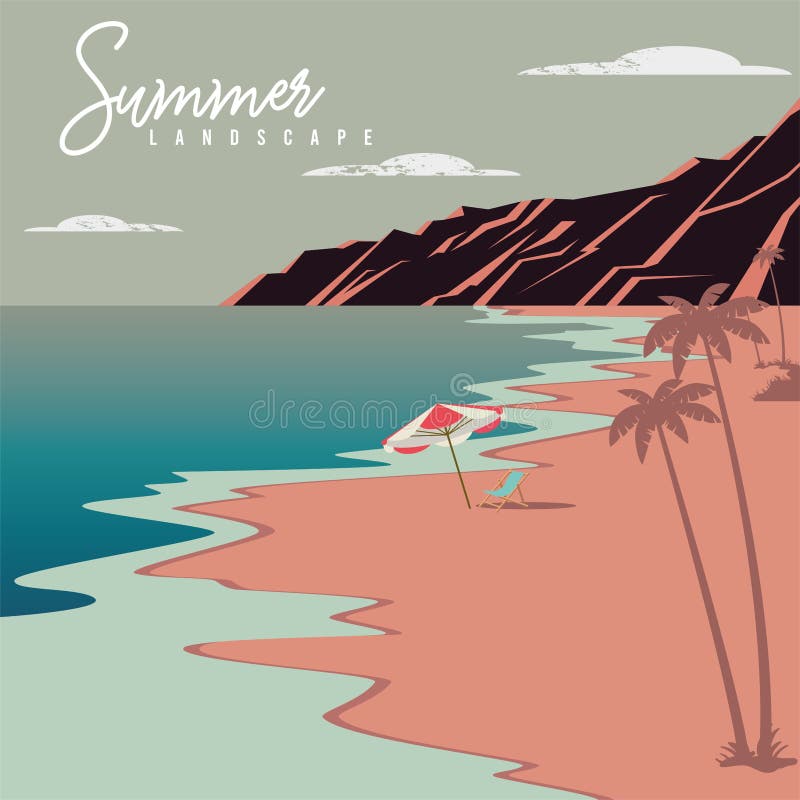 Summer Beach Trip Scenary View with Palm Trees and an Umbrella Vector