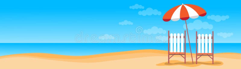 Summer Beach Vacation Sunbed With Umbrella Sand Tropical Banner Copy Space