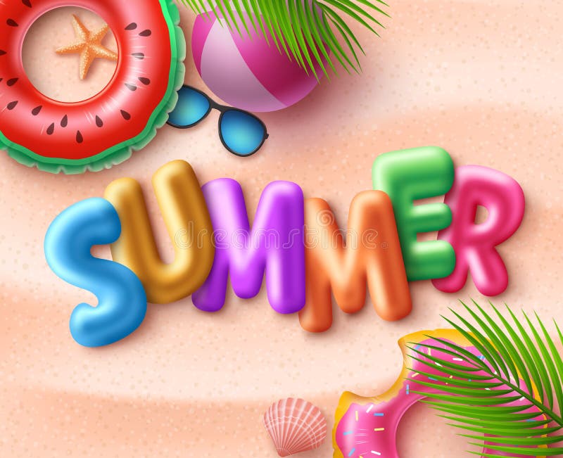 Summer beach vector background design. Summer 3d text with colorful beach elements