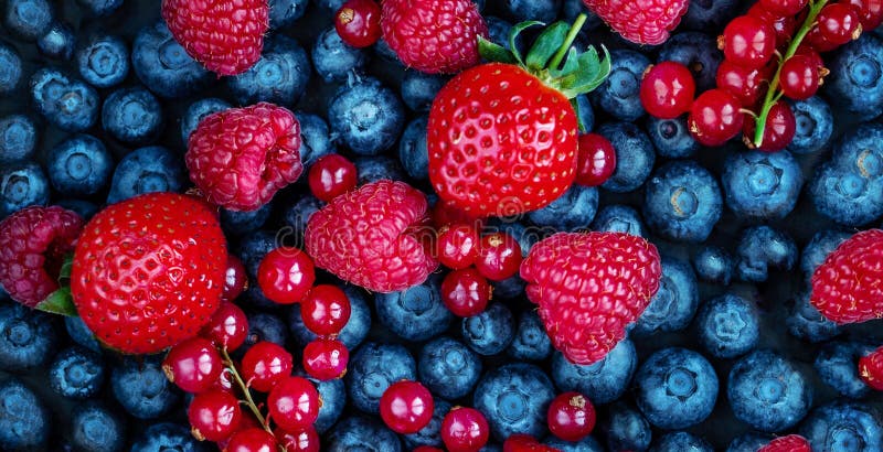 Summer Berries Background. Fresh Berry mix with Strawberry, Raspberry, Red currant, Blueberry and Blackberry, top view