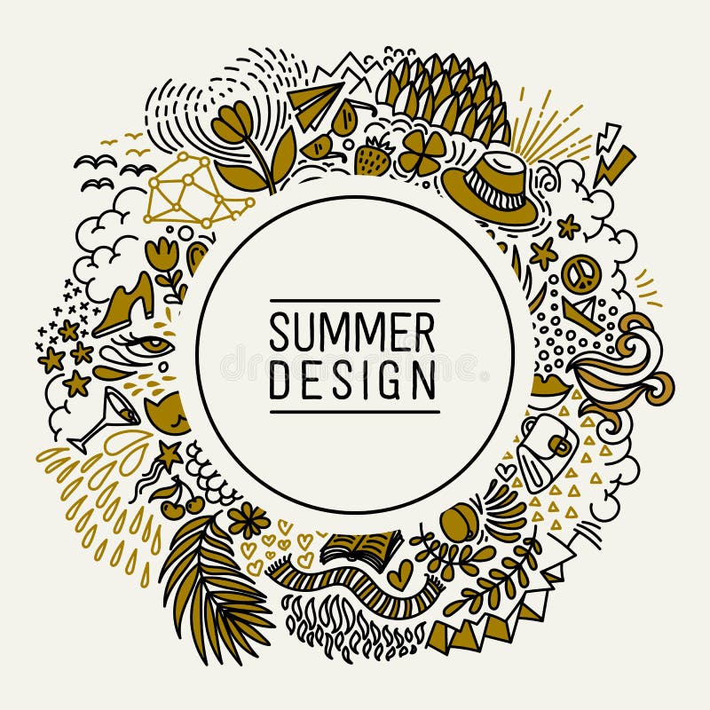 Summer black and gold hand drawn round thin line postcard. Seasonal greeting with word Summer. Doodle summer card with