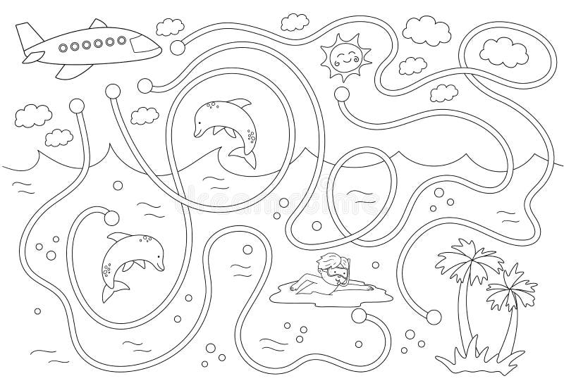Summer black and white maze for children. Preschool exotic activity. Funny puzzle with cute airplane, swimming boy, dolphins. Help the plane fly to the tropical island. Holiday coloring game for kids
