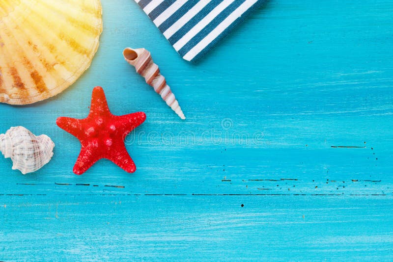 Summer board of sea shells scallop and star fish on blue wooden background royalty free stock photo Summer board of sea shells scallop and star fish on blue wooden background royalty free stock photo