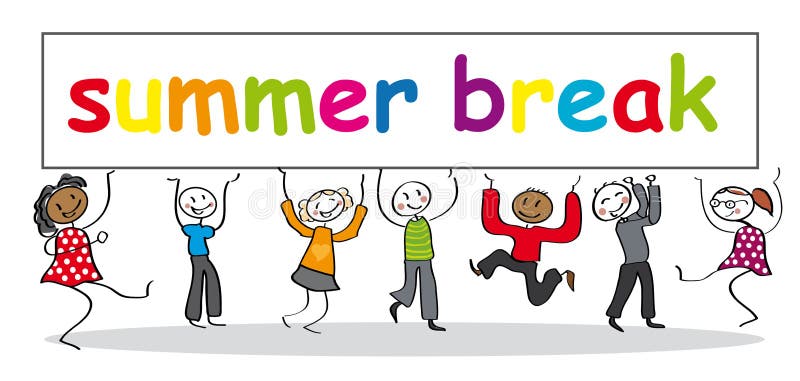 Happy stick figures holding Banner SUMMER BREAK isolated on white background. Schools out summer vectors