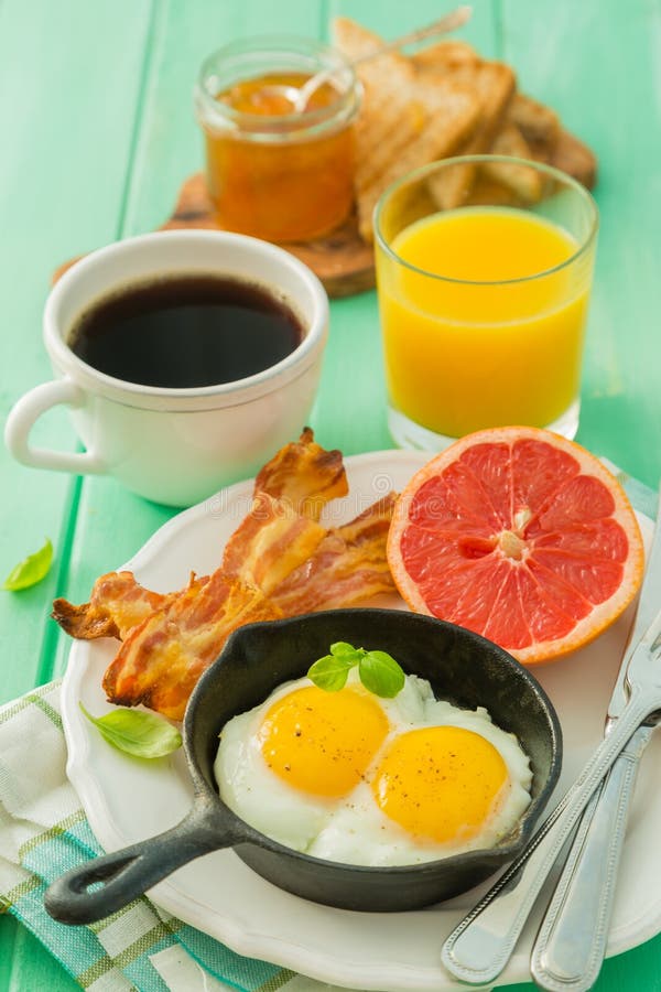 Summer Breakfast Eggs, Bacon, Toast, Jam, Coffee, Juice Stock Image Image of meat