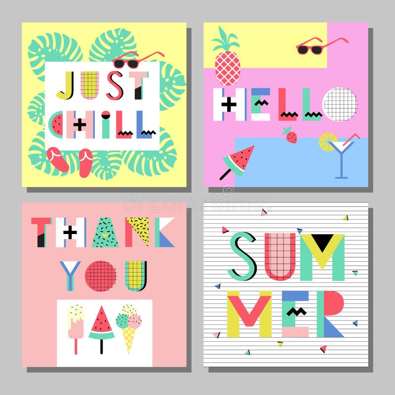 Summer bright memphis style cards set. Design with geometric elements food stock illustration