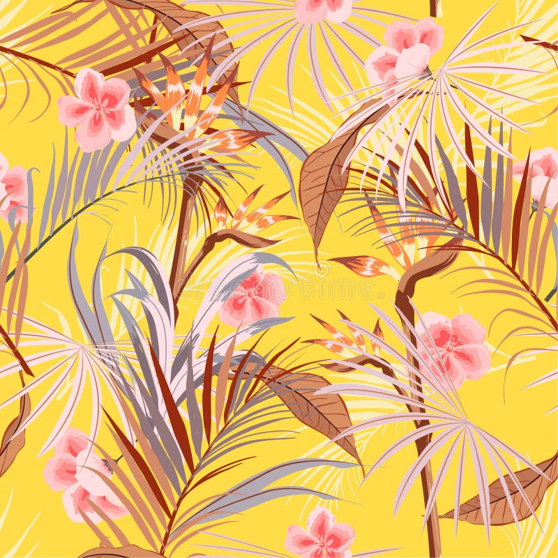 Summer bright Retro tropical wild forest with palm trees ,flowers,leaves,foliage seamless pattern in vector suits for vector illustration