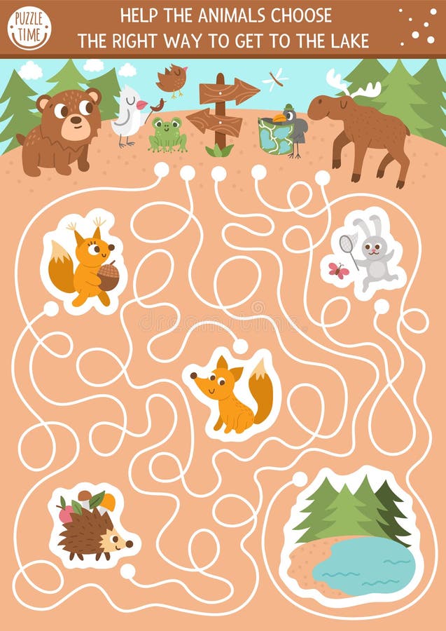 Summer camp maze for children. Active holidays preschool printable activity. Family nature trip labyrinth game or puzzle with cute