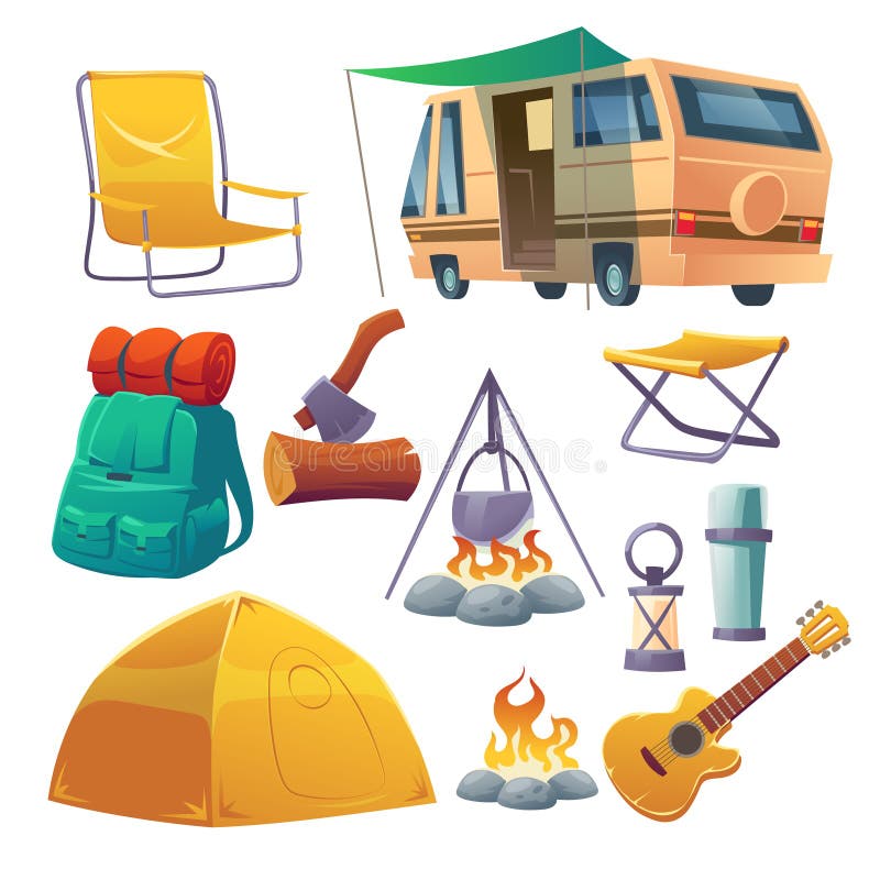 Summer camp with tent, bonfire, backpack and van. Equipment for travel, hiking and activity vacation. Vector cartoon set of campfire with bowler, guitar, chair and lantern isolated on white background