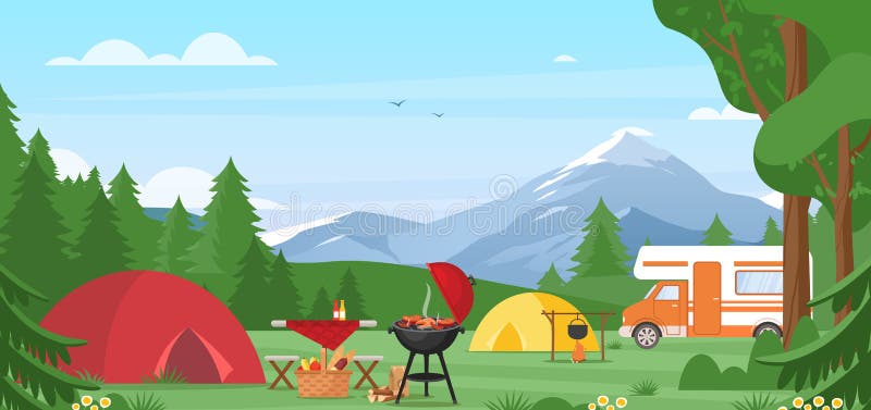 Summer Camping Vector Illustration. Cartoon Flat Tourist Camp with Picnic Spot and Tent among Forest, Mountain Landscape Stock Vector - Illustration of adventure, grass: 180939187 Summer Camping Vector Illustration. Cartoon Flat Tourist Camp with Picnic Spot and Tent among Forest, Mountain Landscape Stock Vector - Illustration of adventure, grass: 180939187
