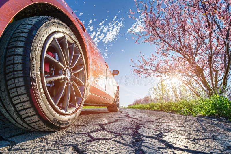 Summer Car Tires in the Blooming Spring in the Sun, Time for Summer