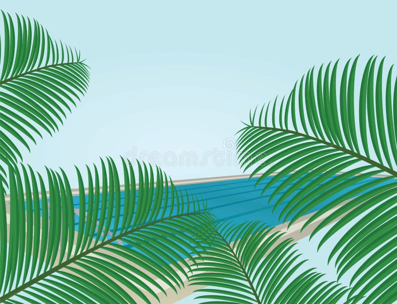 Summer card. Palm leafs in front of swimming pool