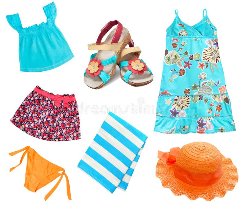 Summer Child Girl Clothes Set Collage Isolated on White. Stock Photo ...