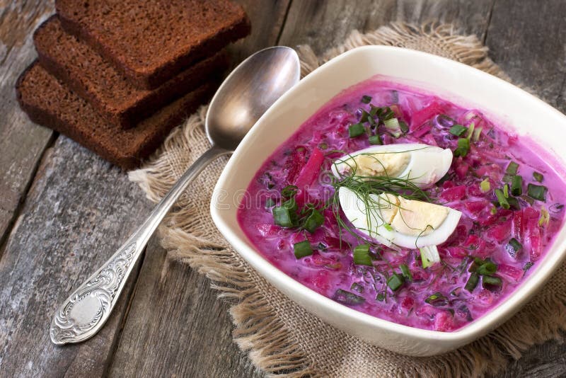 Summer cold soup with beet, cucumber, kefir and egg