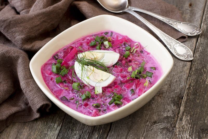 Summer cold soup with beet, cucumber, kefir and egg