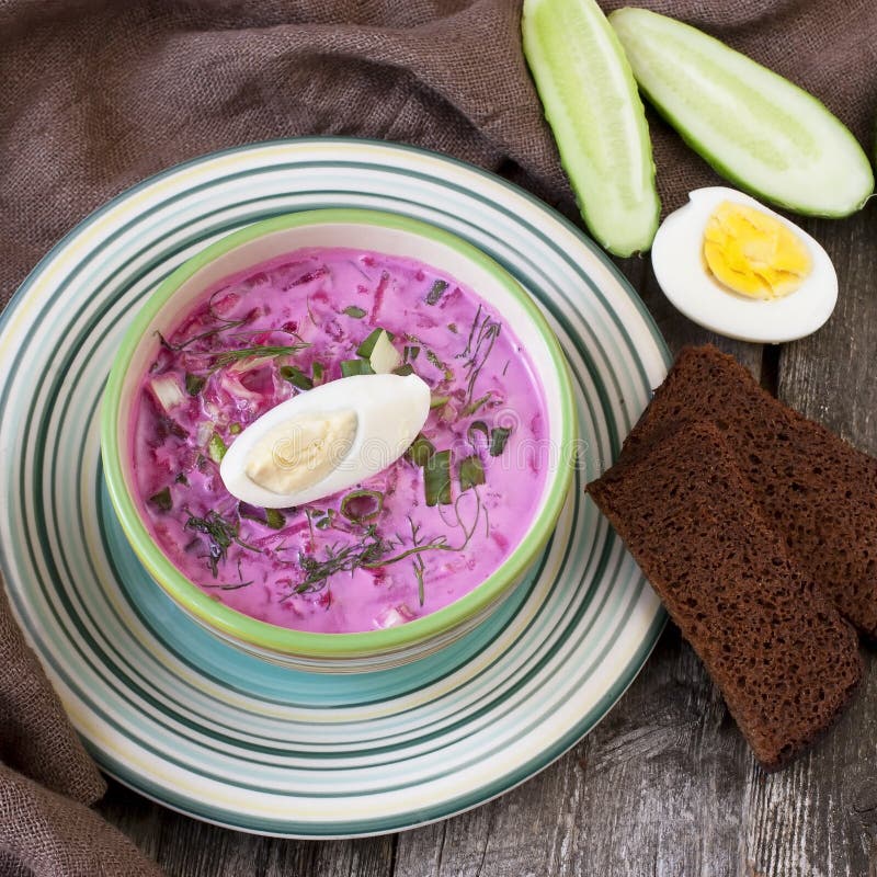Summer cold soup with beet, cucumber, kefir and egg