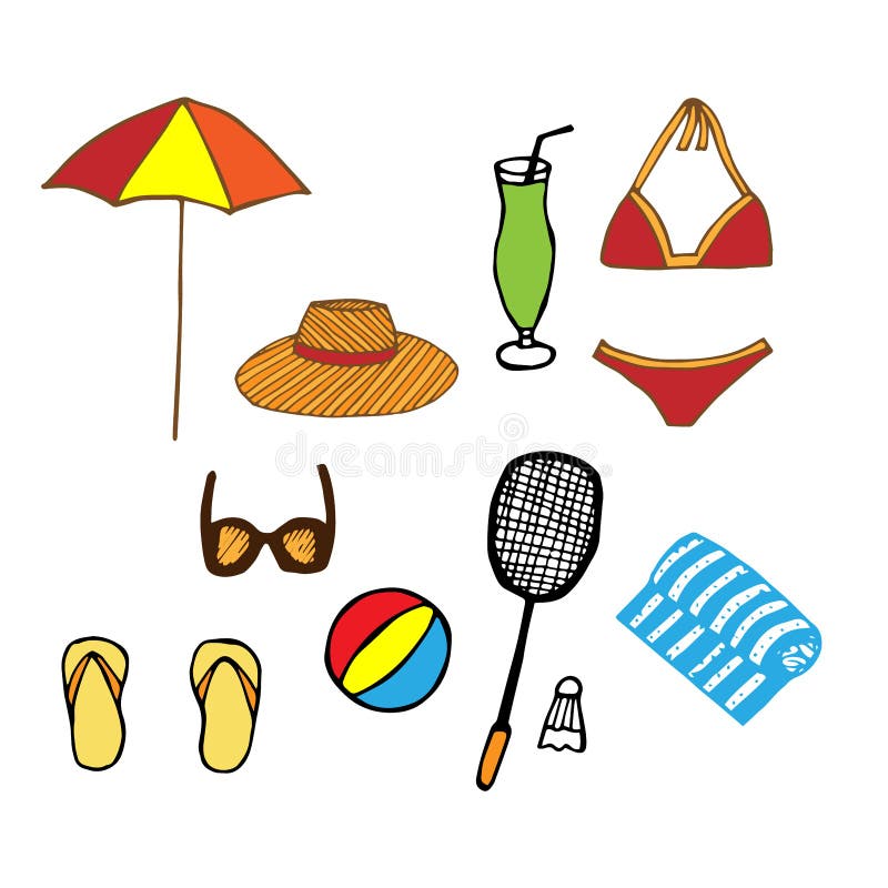 Summer Colored Set Beach Supplies, Yellow Background, Vector ...