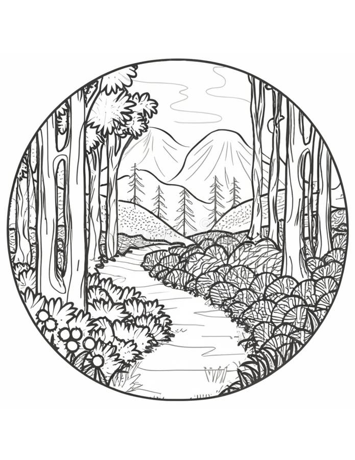 A summer coloring page with a road through the forest royalty free illustration
