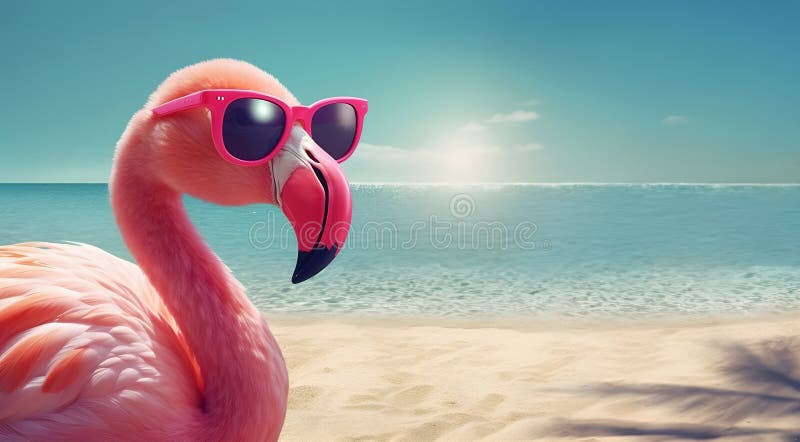 Summer concept design of flamingo bird wearing sunglasses at the beach Generative ai stock image