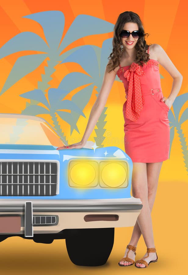 Summer concept with a woman and a car