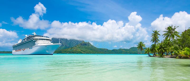 Summer cruise vacation travel. Panoramic landscape view with cruise ship in Bora Bora.