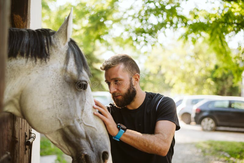 Handsome Man with Beard and His Horse Stock Photo - Image of cowboy ...