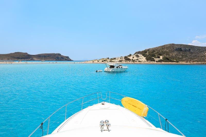 Summer day Simos beach, Elafonisos island, Peloponnese, Greece, June 2018. View from the yacht. stock photography Summer day Simos beach, Elafonisos island, Peloponnese, Greece, June 2018. View from the yacht. stock photography