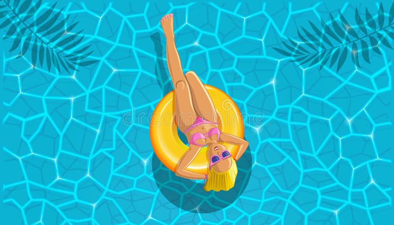 Summer design. Cute girl bathes in the pool