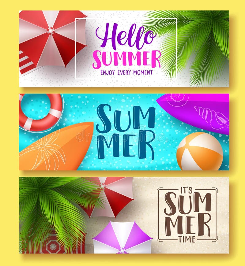 Summer design vector banner set. Hello summer greeting text in beach sand with colorful summer elements