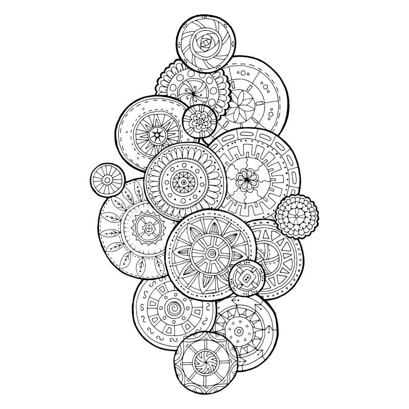Summer doodle flower circles ornament. Hand drawn art mandalas. Made by trace from sketch. Black and white ethnic background.n